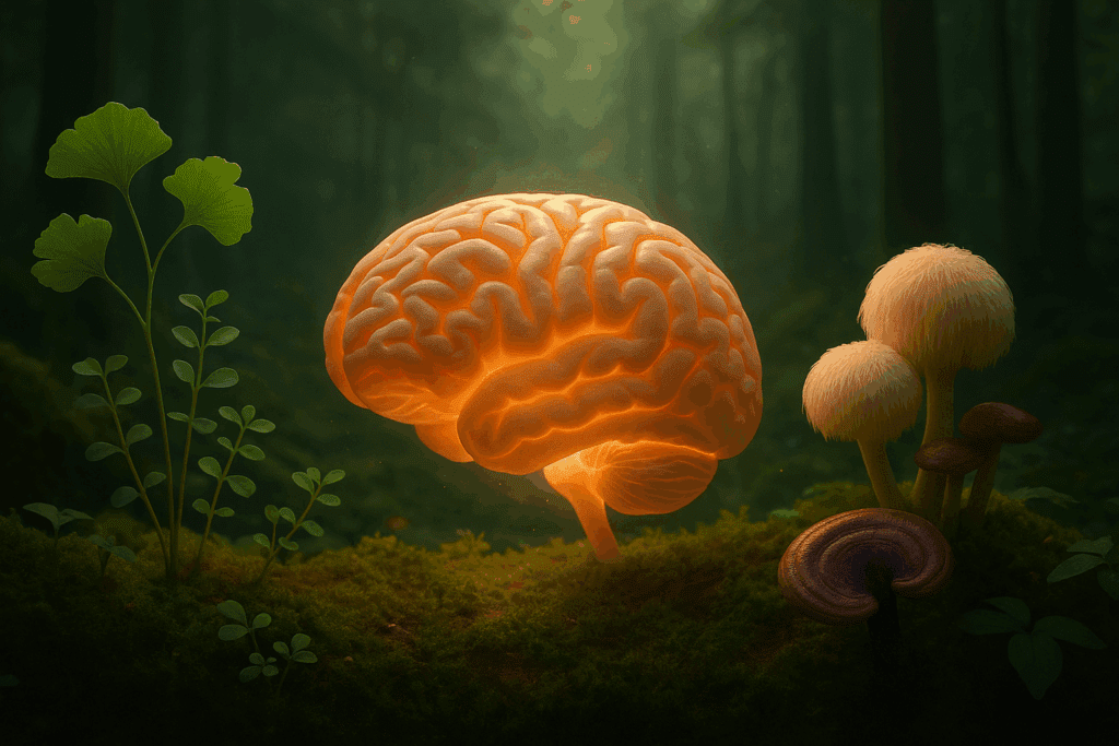 Natural landscape featuring Lion’s Mane mushrooms, Ginkgo biloba, and Bacopa monnieri surrounding a glowing brain to represent the Best Herbs for Brain and Nervous System Health