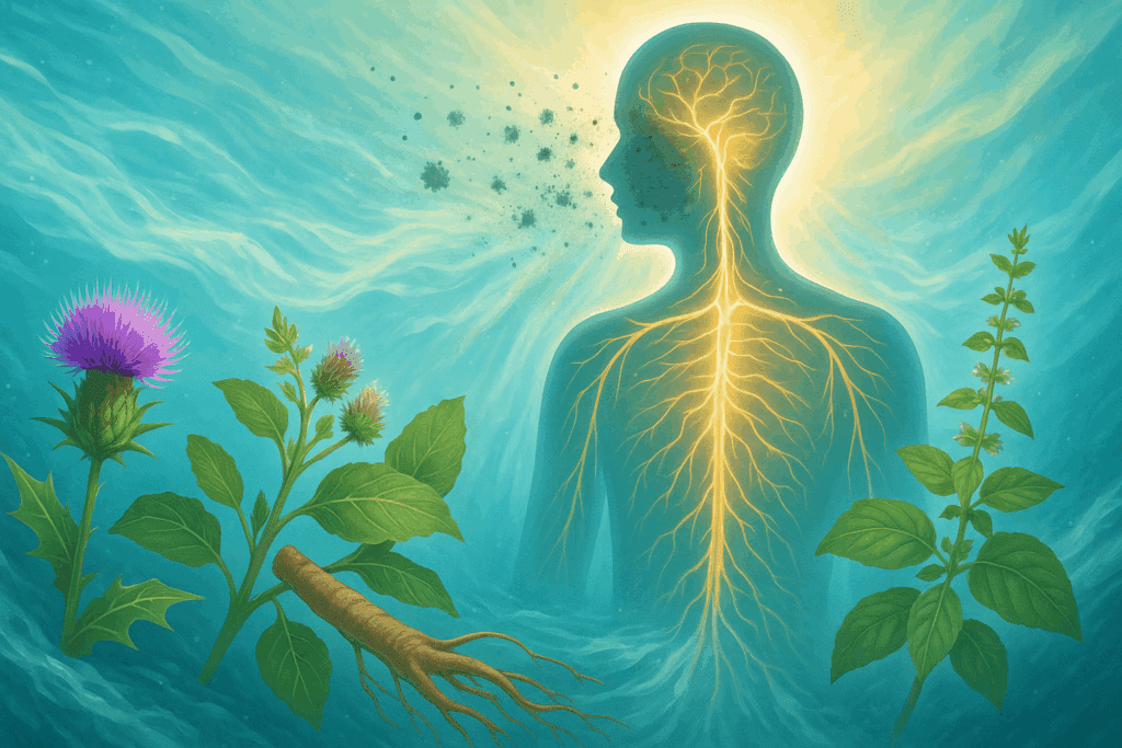 Human silhouette with glowing nervous system being purified by milk thistle and holy basil, symbolizing the best herbs for brain and nervous system health