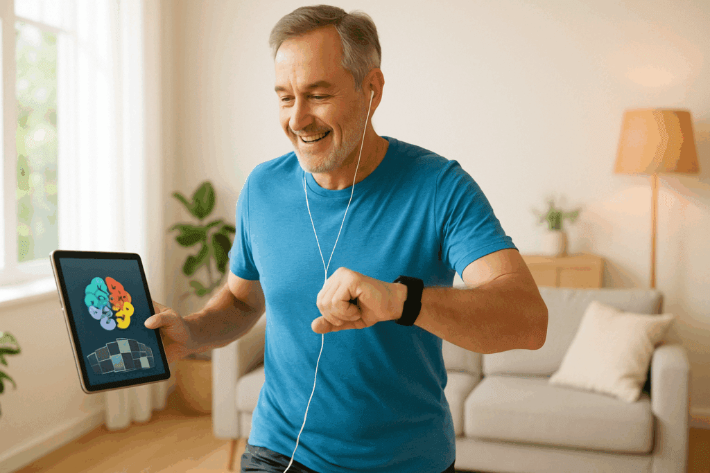 Middle-aged man using a cognitive training app and checking his smartwatch during light exercise, representing proactive brain health routines linked to new Alzheimer medication.