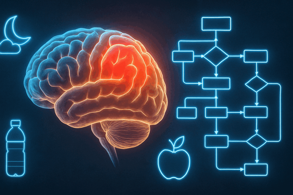 "Conceptual side-by-side of a glowing brain and neural decision-making flowchart with wellness icons, illustrating cognitive science behind the question: Do Apetropics Smart Drops Really Work"