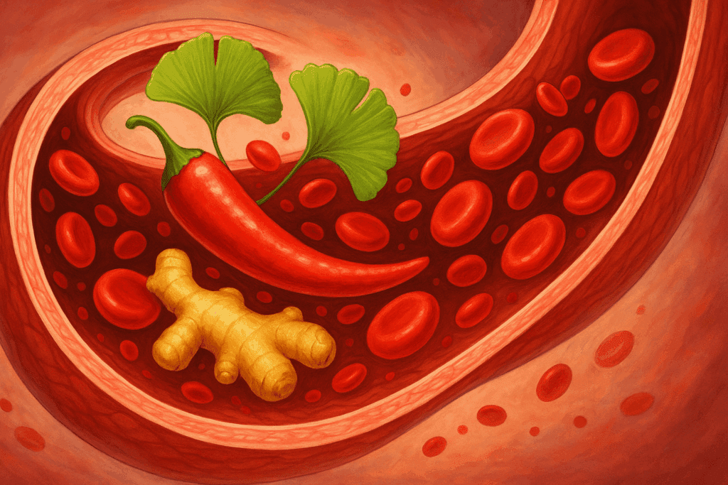 Cayenne pepper radiating heat next to widened blood vessels, highlighting its role among the best herbs for circulation and improved blood flow.