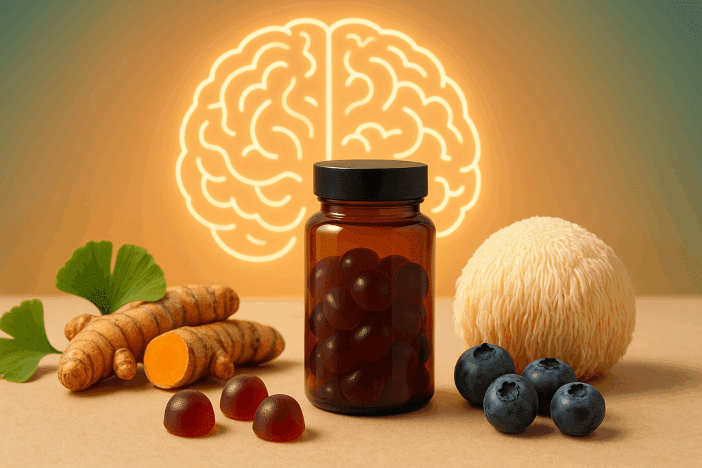 Colorful display of the best gummies for brain health surrounded by natural ingredients like turmeric, ginkgo, and lion’s mane mushroom on a clean surface.