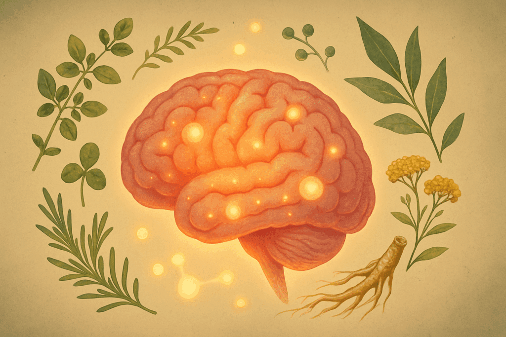 Artistic brain surrounded by herbs and glowing neurotransmitter visuals representing natural support with the best herb for ADHD