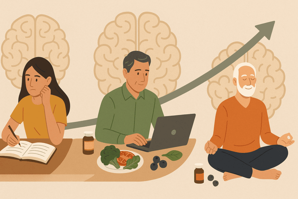 "Illustration of young adult studying, middle-aged man working, and senior meditating, with healthy foods and the best brain supplements for adults integrated across life stages."