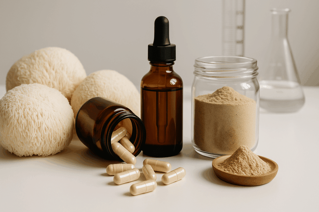 "High-quality supplements made from young Lion’s Mane mushroom alongside tinctures, powders, and organic mushroom clusters"