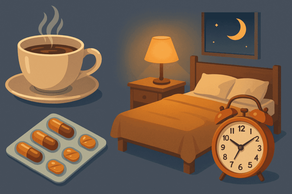 Peaceful bedroom scene with a cup of reishi mushroom for sleep tea on a nightstand, lit by soft moonlight through a window