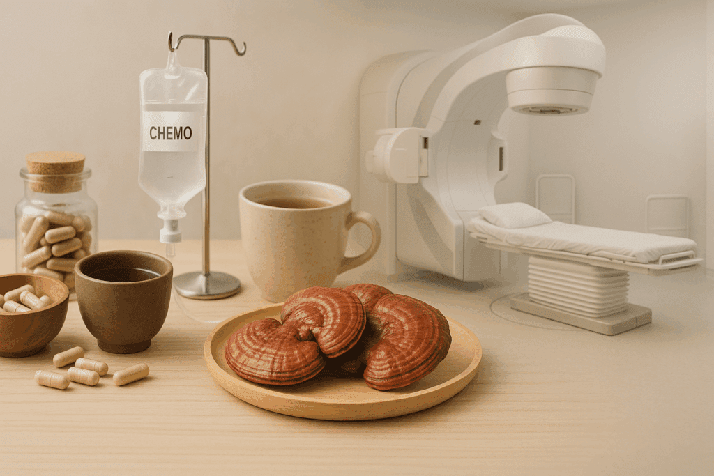 Concept of integrative oncology showing reishi supplements alongside chemotherapy in a reishi mushroom cancer study context