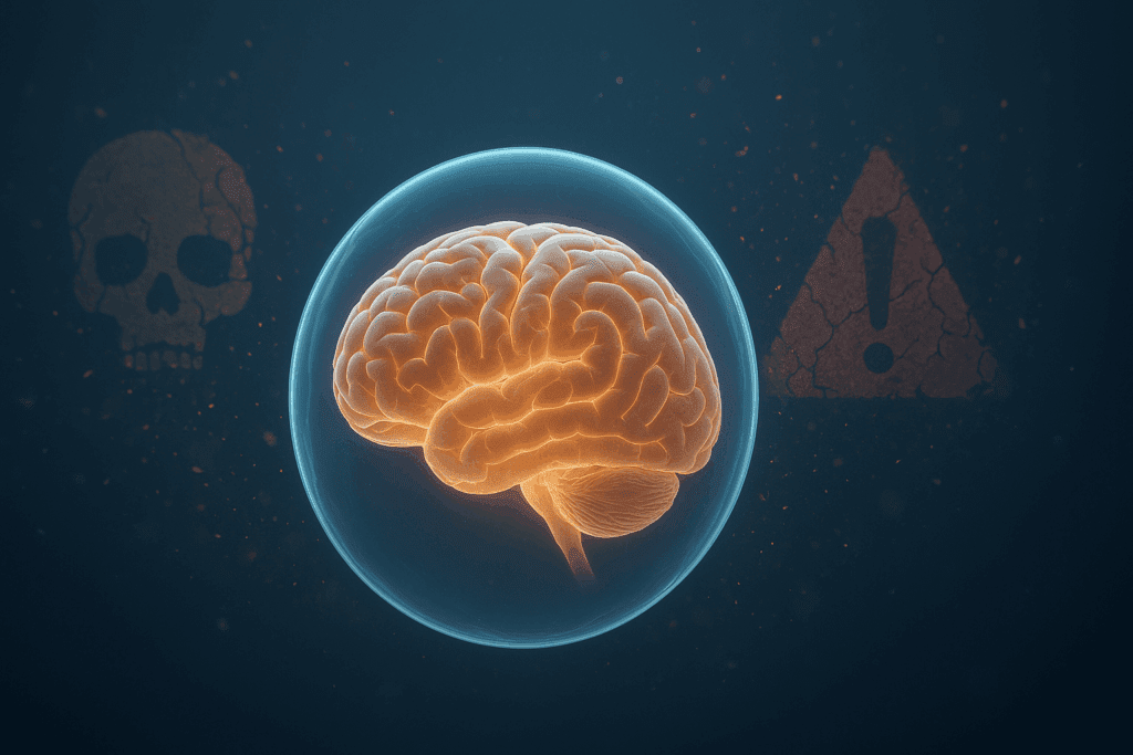 Healthy human brain protected by abstract energy shield, debunking misconceptions about psilocybin and serotonin safety
