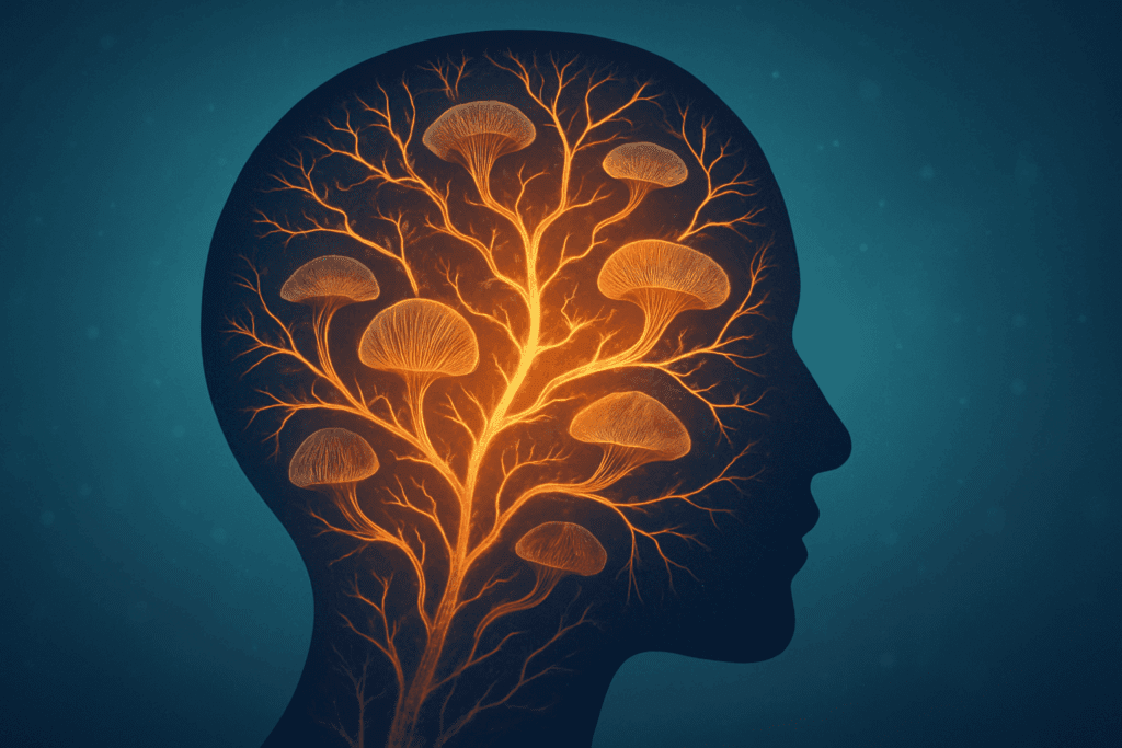 Conceptual brain silhouette glowing with neural pathways and organic lion's mane patterns, symbolizing mental clarity
