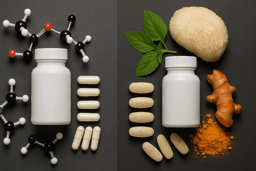 "Side-by-side supplement comparison featuring synthetic-style capsules and molecular models versus Avantera Elevate’s plant-based ingredients like turmeric and lion’s mane, visually supporting Avantera Elevate reviews."