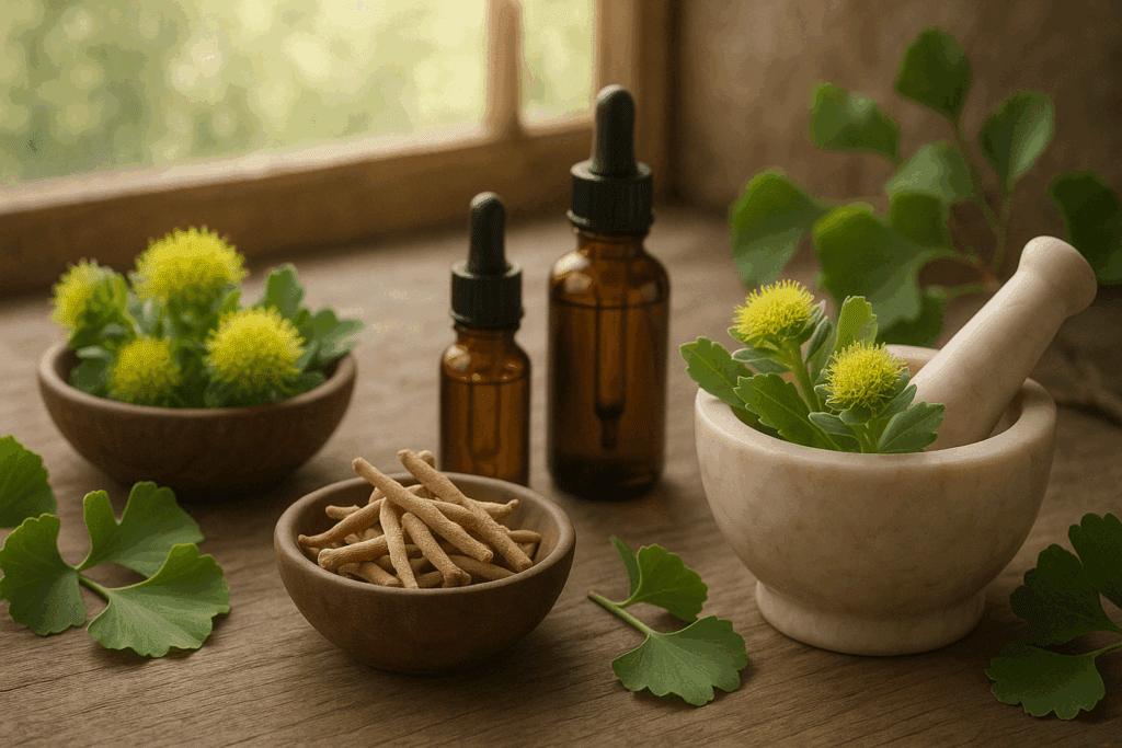 "Herbal apothecary scene with Ashwagandha roots, Rhodiola rosea flowers, and Ginkgo leaves—natural ingredients in the best supplements for menopause brain fog."