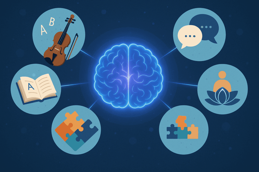 "Infographic showing five natural ways to support cognitive brain function, with symbolic icons for music, language, puzzles, meditation, and social interaction surrounding a glowing brain."