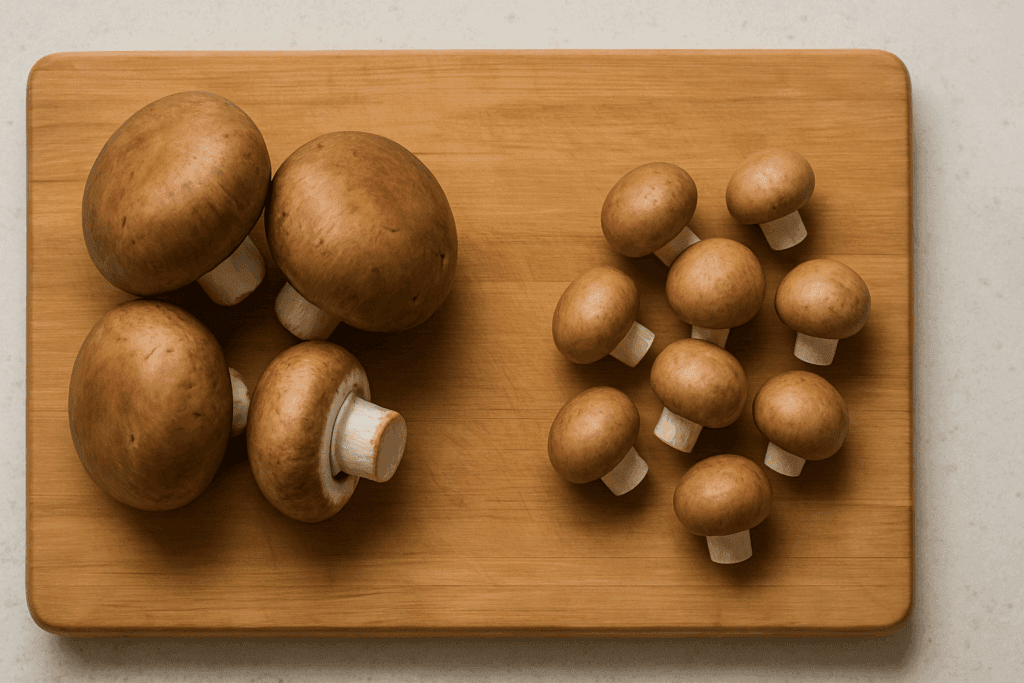 Fresh crimini and brown mushrooms on a rustic wooden table showcasing the nutritional value of brown mushrooms and crimini mushrooms