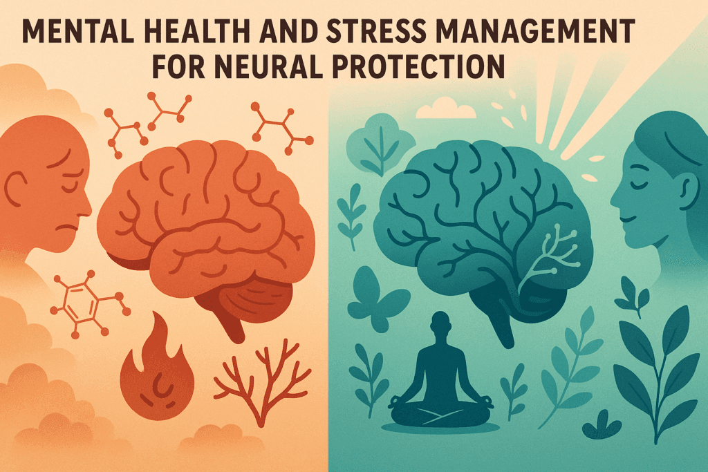 "Split-screen infographic showing how to protect your brain from damage with stress on one side and mindfulness benefits on the other."
