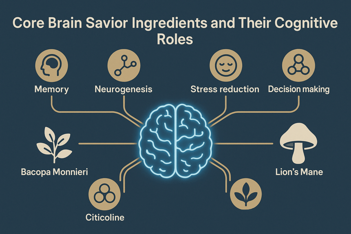"Infographic showing how Brain Savior supplement ingredients like Bacopa Monnieri, Citicoline, L-Theanine, and Lion’s Mane support memory, focus, neurogenesis, and stress reduction"