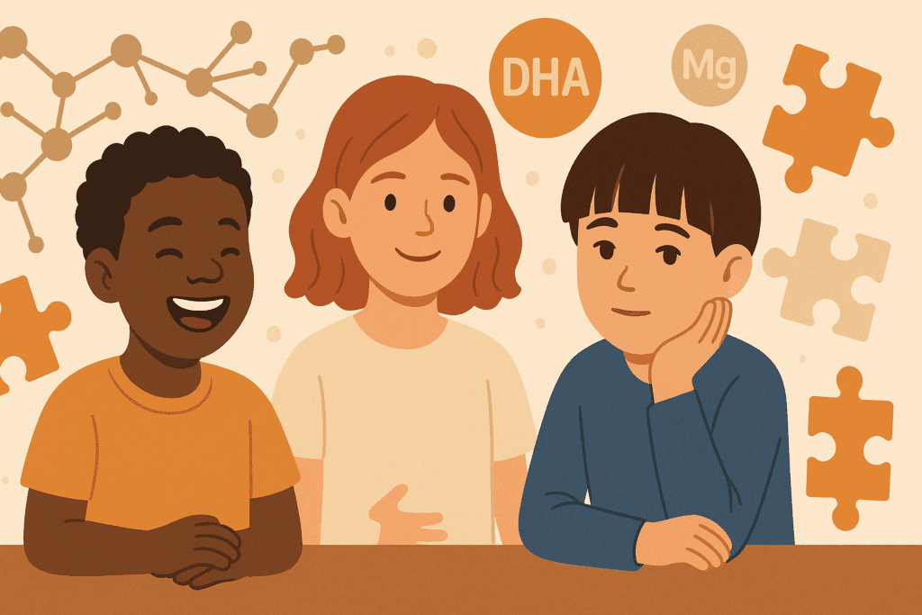 "Three diverse children surrounded by abstract icons of DHA, magnesium, and zinc, symbolizing the best vitamins for child brain development"