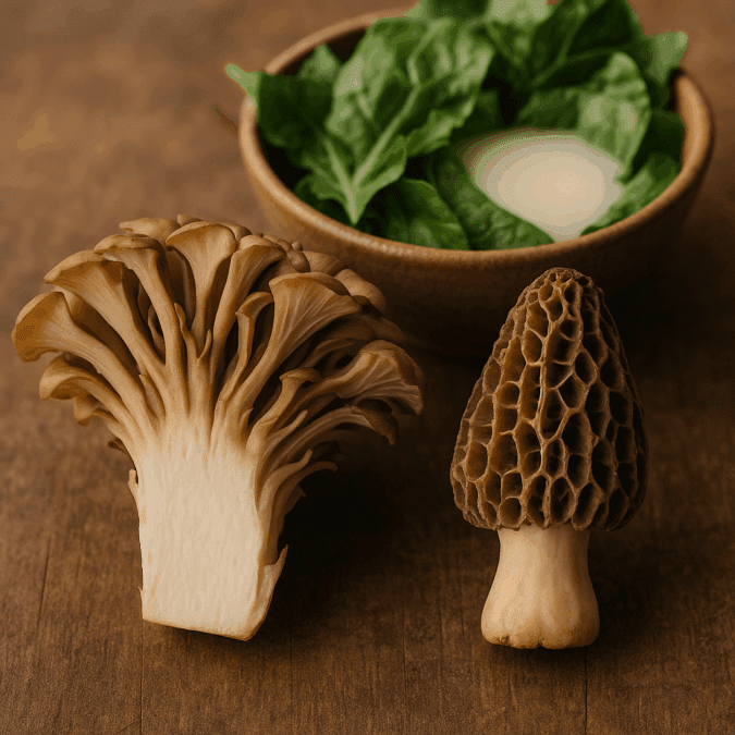 Close-up of maitake and morel mushrooms alongside calcium-rich foods, illustrating mushrooms' contribution to calcium intake and bone health."
