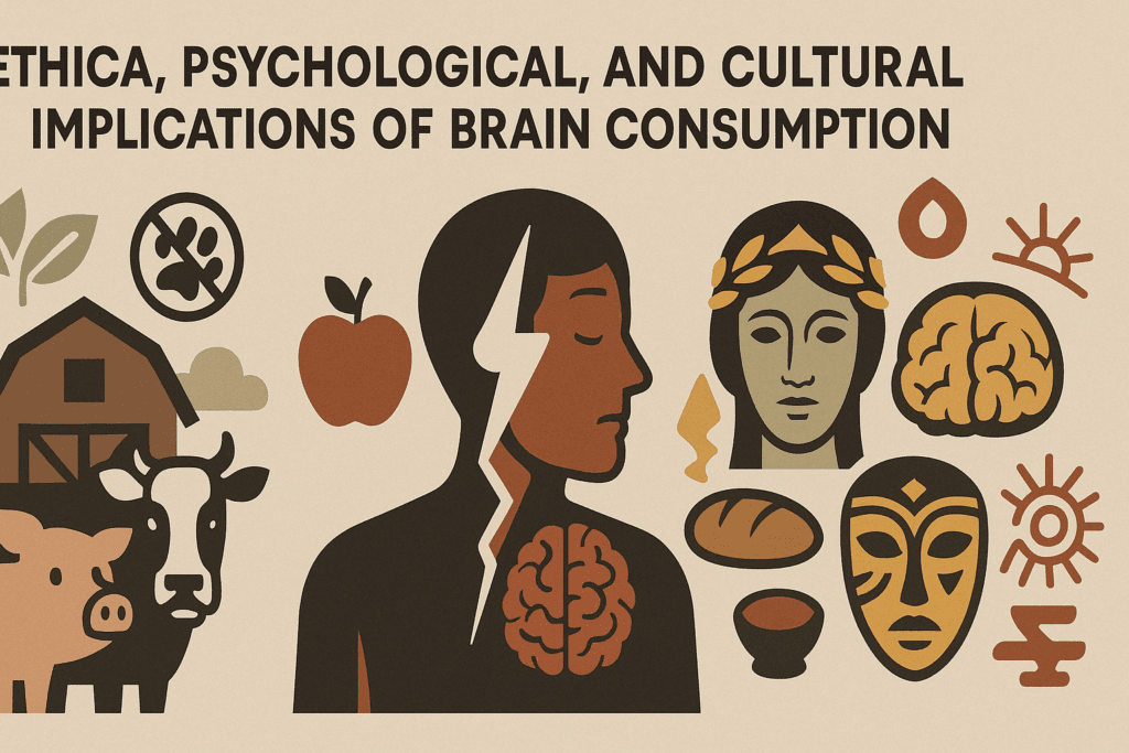 "Conceptual infographic exploring the question can we eat brain, showing ethical animal farming, a person facing a moral dilemma, and cultural symbols of brain consumption"