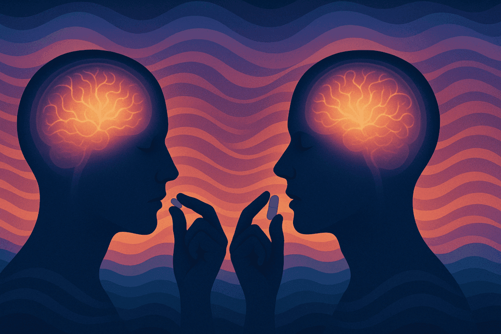 “Two mirrored human profiles taking pills, one a placebo and the other the Cerebra brain supplement, both with glowing brains symbolizing psychological perception and cognitive enhancement.”
