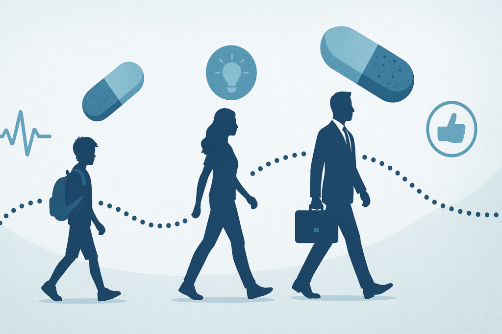 "Silhouettes of a student, young adult, and professional with evolving Class A ADHD medications floating above, symbolizing safe, personalized treatment through life stages"