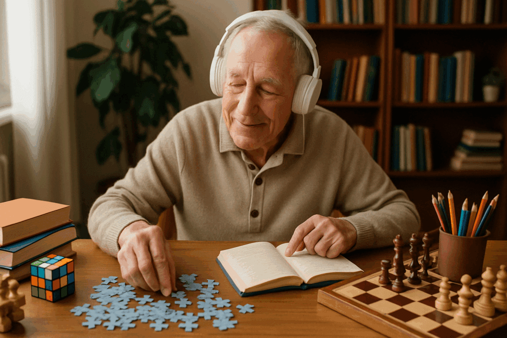 Elderly man wearing headphones solving a puzzle and reading at a desk with brain-training tools, showing how to improve cognitive function in the elderly.