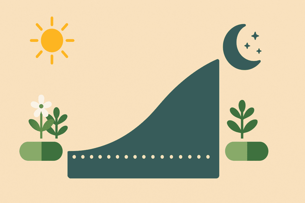 Visual timeline of sun and moon phases illustrating daily dosing strategy for Bacopa Monnieri and Sleep optimization