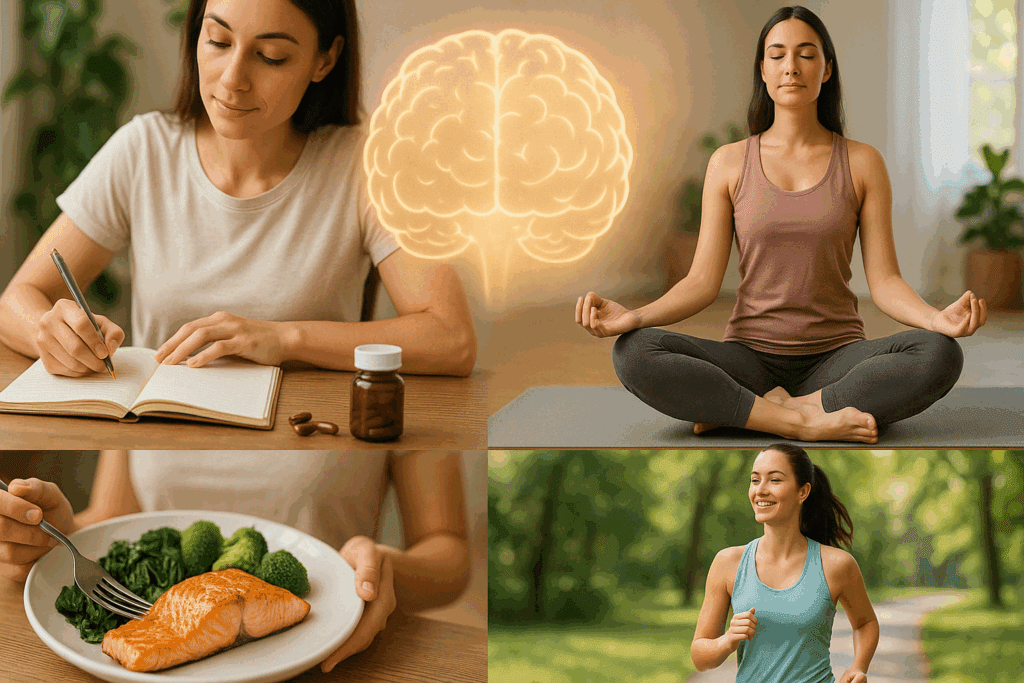 Healthy woman journaling, meditating, exercising, and eating salmon to support a lifestyle with Advanced Brain Power Supplements.