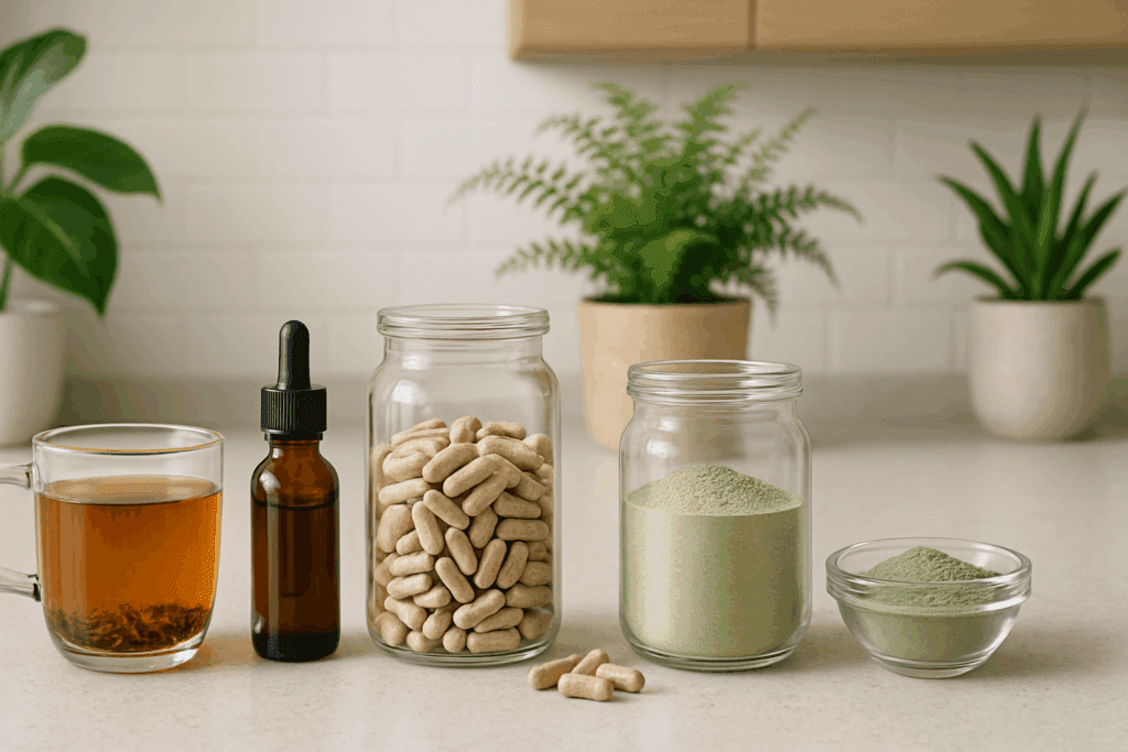 Wellness routine with herbal teas, tinctures, and supplements arranged neatly, emphasizing daily use of the best herb for ADHD for cognitive clarity