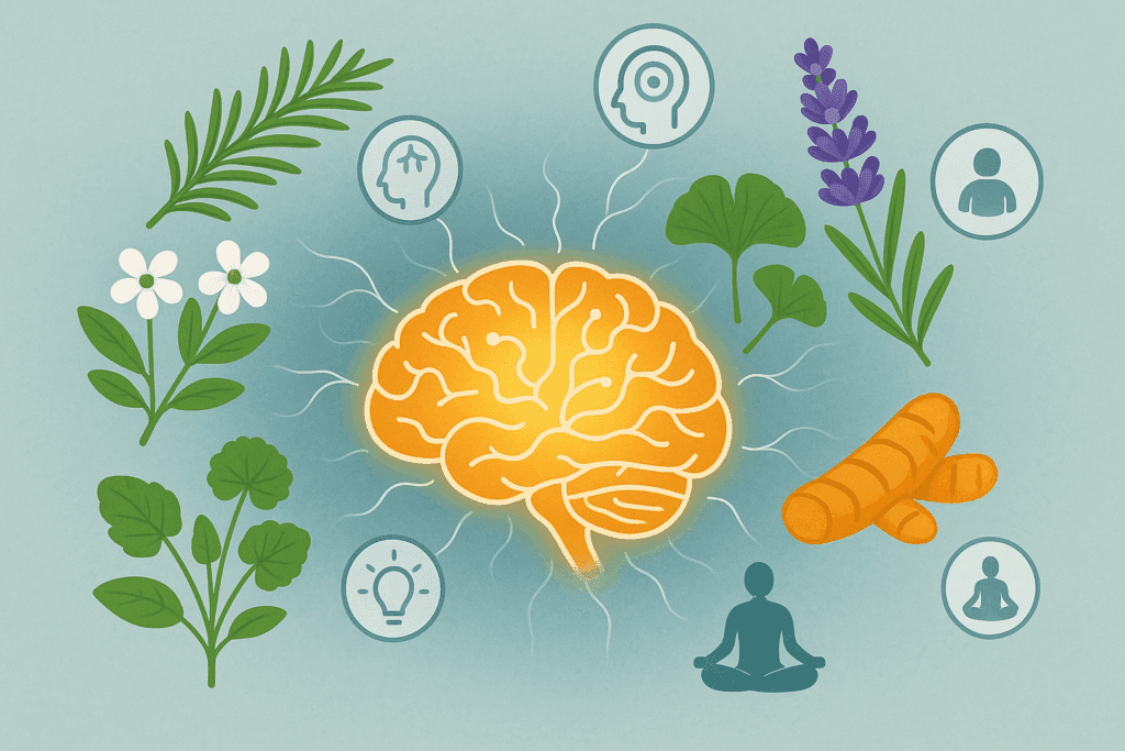 Illustrated brain with herbs like ginseng, sage, and bacopa surrounding it, infographically summarizing the best herb for ADHD benefits.
