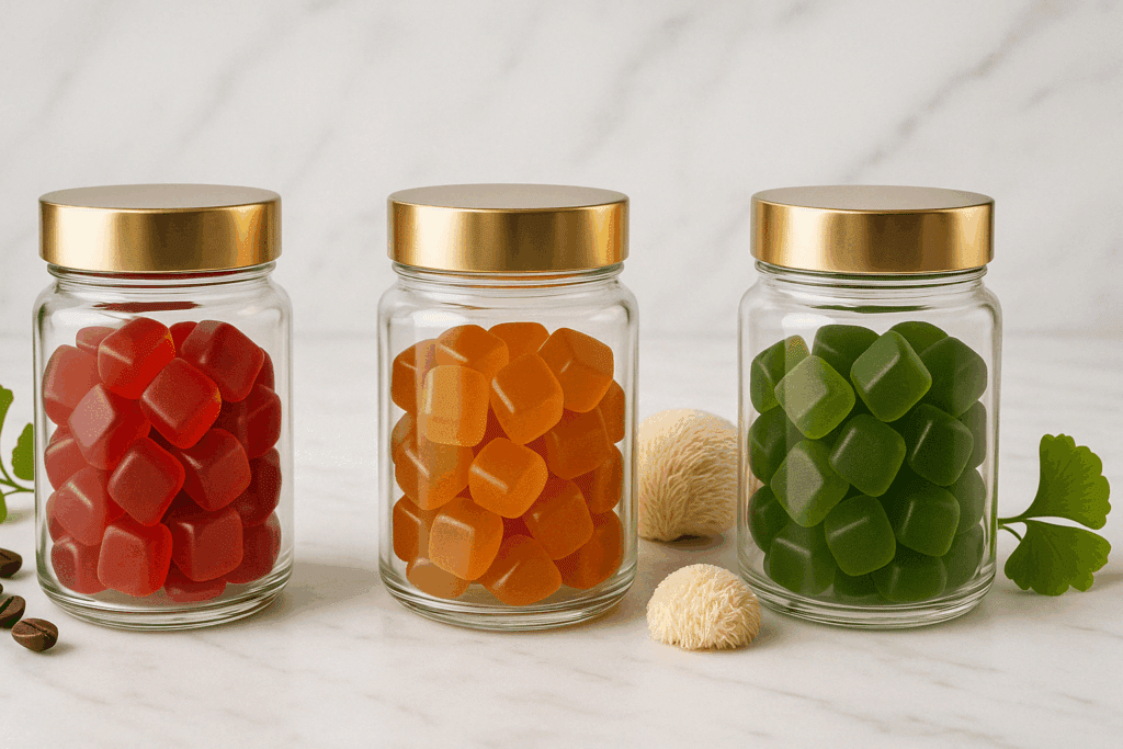 Glass jars filled with red, amber, and green supplements on marble counter, representing the best gummies for brain health with natural ingredients like lion’s mane, ginkgo, and coffee beans.