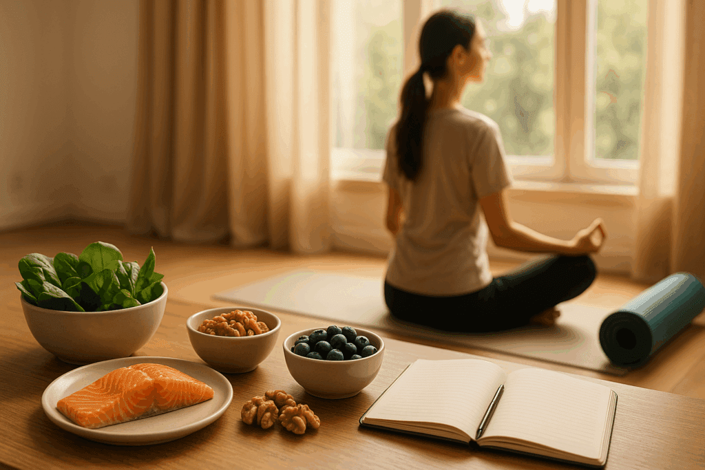 A table with brain-boosting foods and meditation tools, illustrating a holistic routine that includes the best herb for ADHD support.