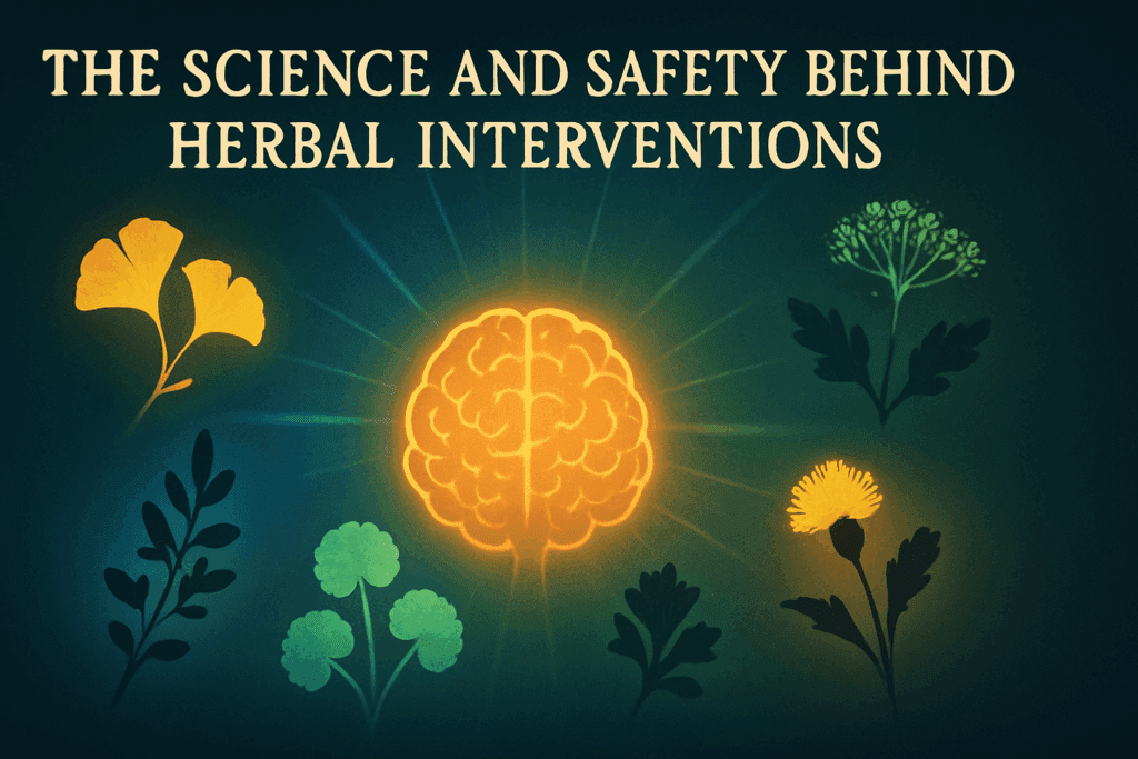 Infographic-style image with various brain-boosting herbs radiating from a central brain icon, comparing options for the best herb for ADHD.