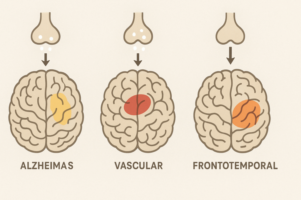 Visual infographic showing how donepezil affects Alzheimer’s, vascular, and frontotemporal dementia, supporting the topic: Does Donepezil Really Help with Dementia