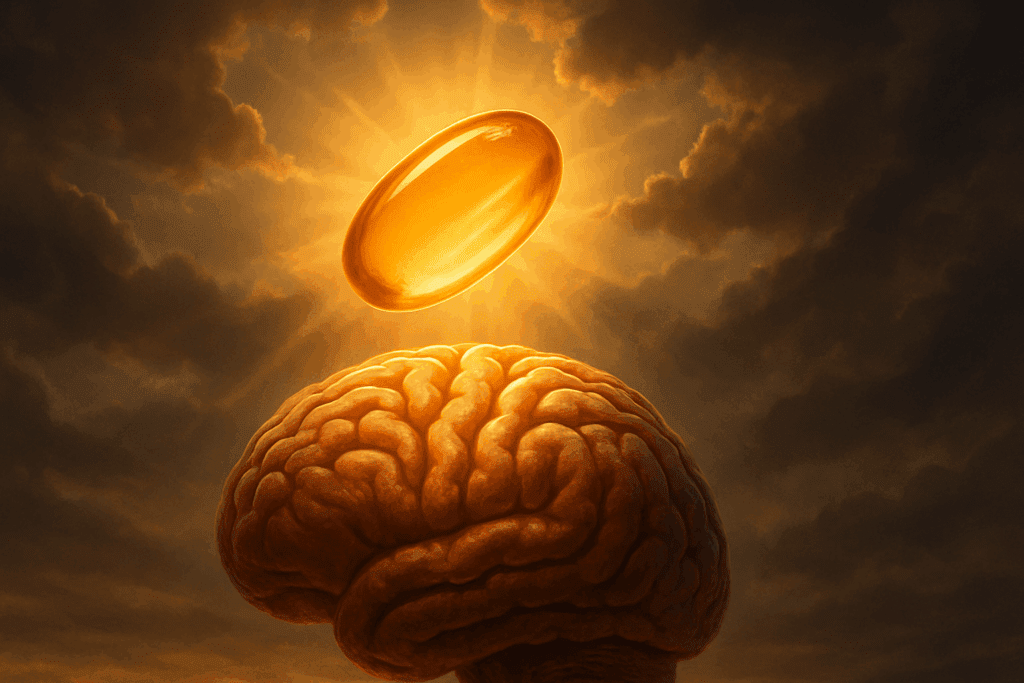 "Illustration of vitamin D capsule over a human brain with sunlight, symbolizing the question can too much vitamin D cause dementia"