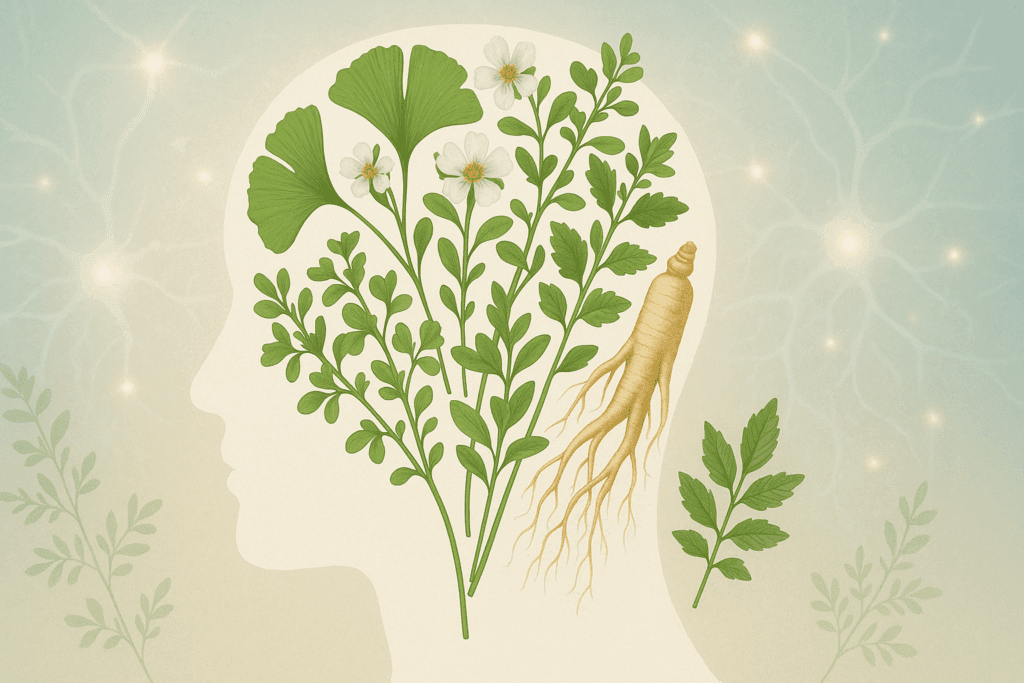 Herbal synergy concept with Ginkgo, Bacopa, and Rhodiola merging into a glowing brain outline, symbolizing the best herb for ADHD