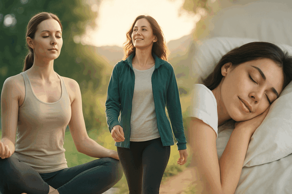 Collage showing a woman sleeping, meditating, and walking outdoors, emphasizing lifestyle habits that amplify the best herb for ADHD benefits.