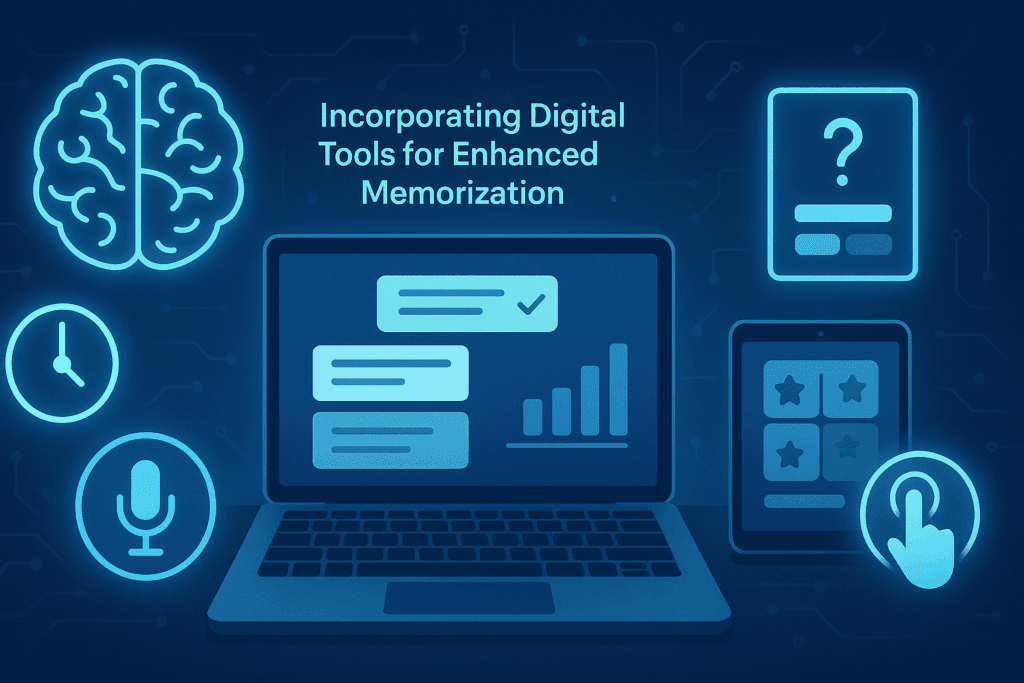 Spaced repetition apps and memory tools on a digital screen helping users learn how to memorize something fast in 5 minutes efficiently