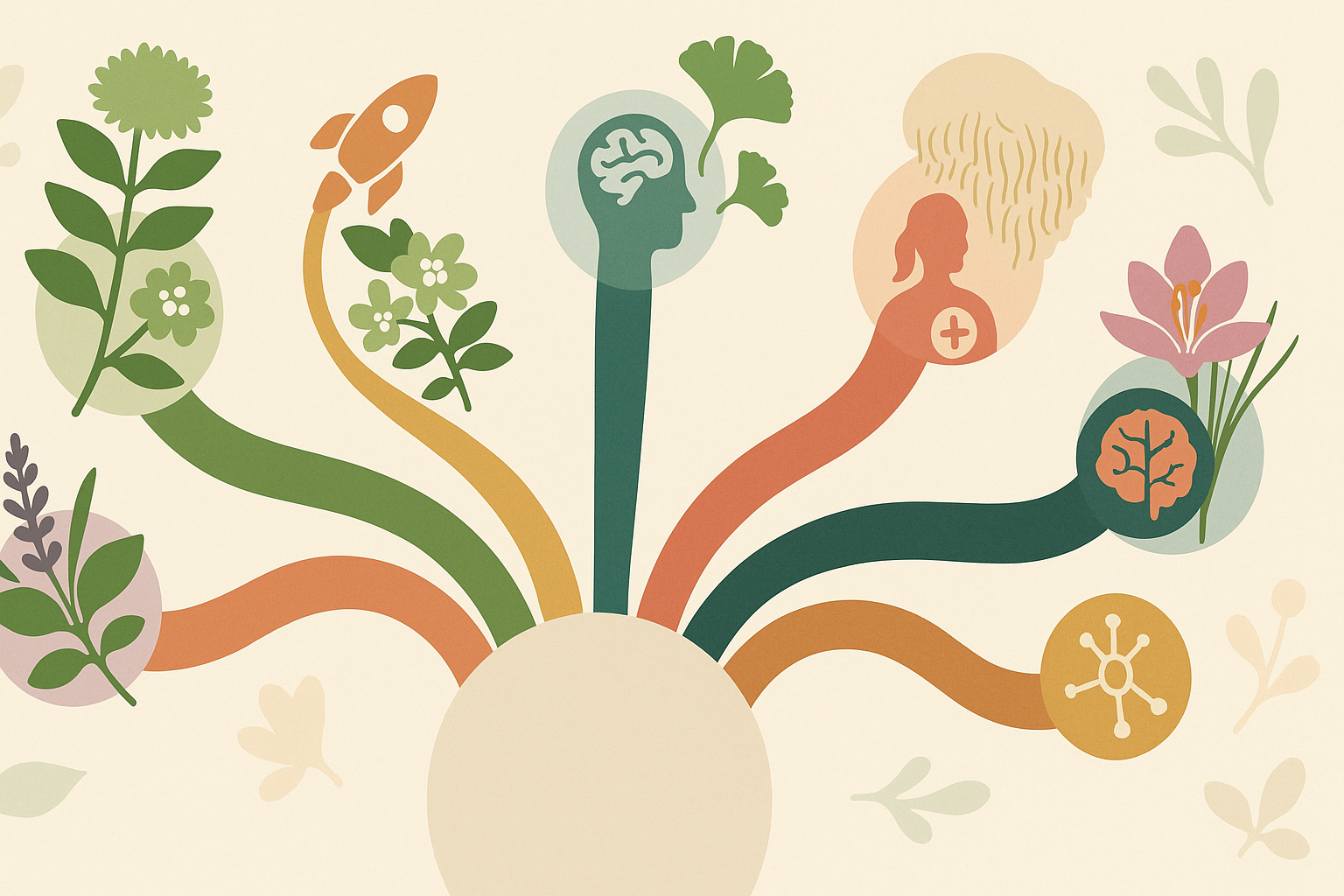 Illustration of a calm woman with thought bubbles showing the top herbs for ADHD in women, including rhodiola and lion’s mane