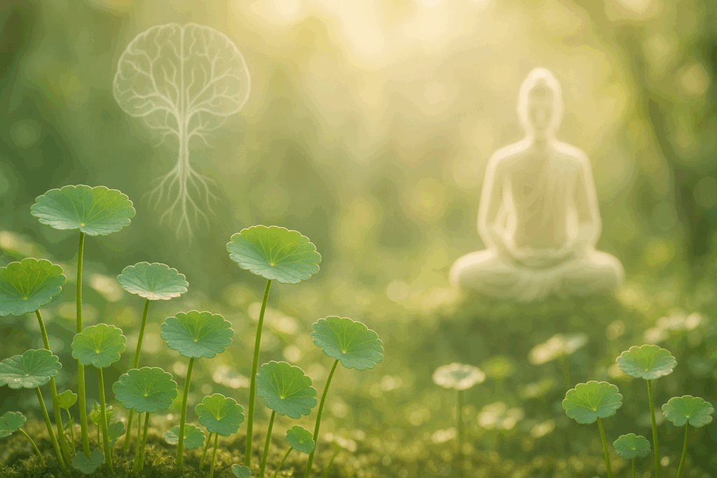Tranquil garden scene with Gotu Kola leaves, reflecting calming focus benefits found in the Top Science-Backed Herbs for ADHD in Women.