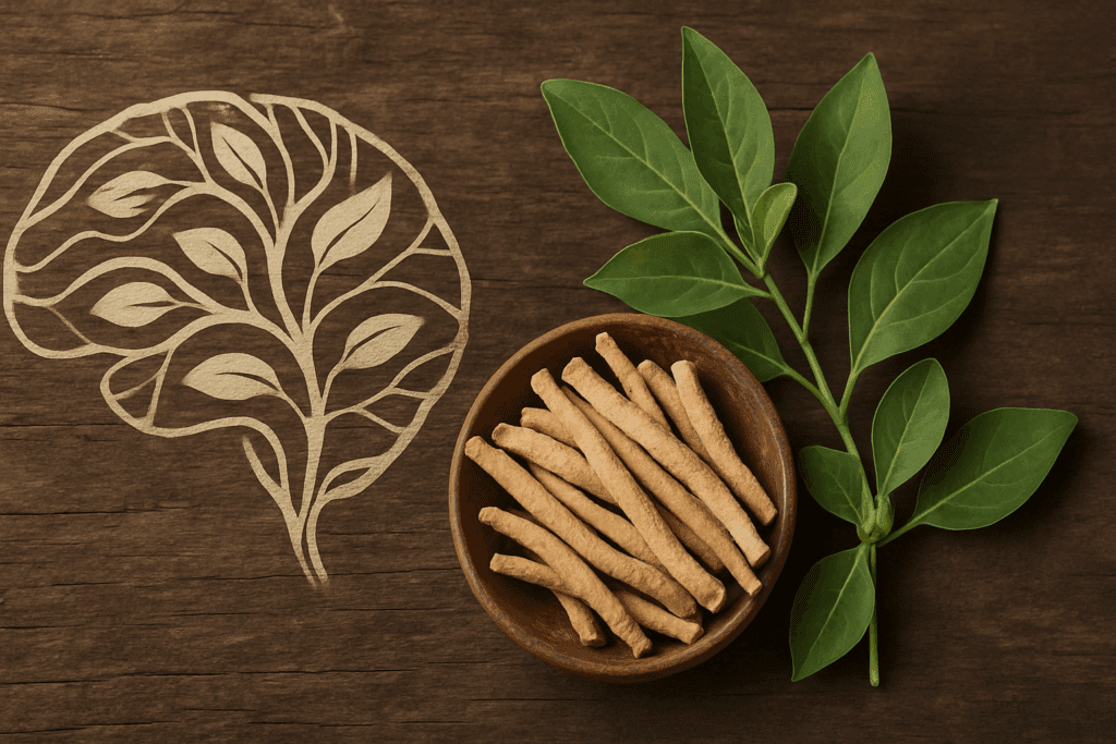 Ashwagandha roots on a rustic table with abstract brain imagery, highlighting stress relief and focus as qualities of the best herb for ADHD.