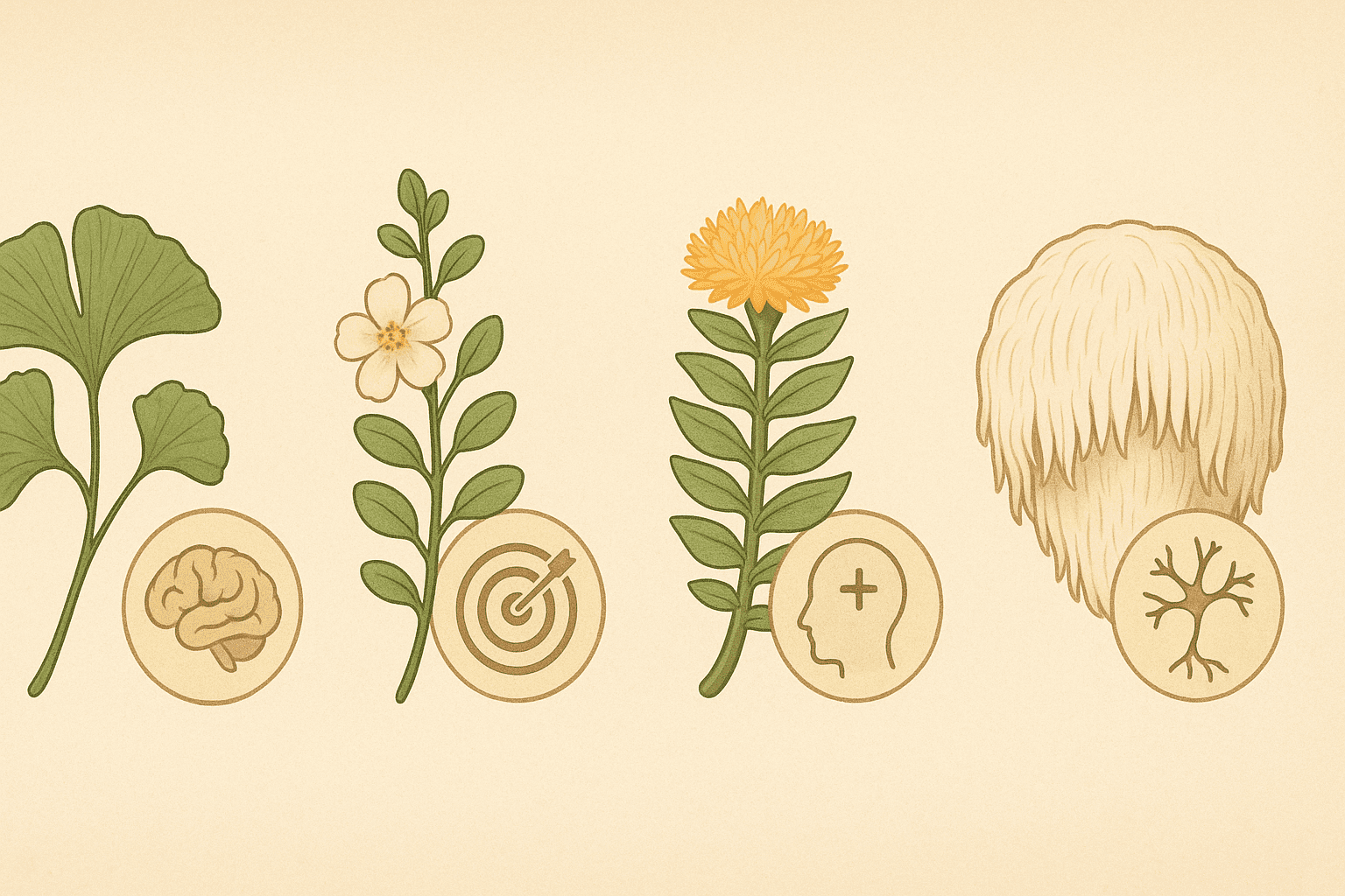 Botanical infographic of Ginkgo, Bacopa, Rhodiola, and Lion’s Mane visually linking herbal benefits to how long does it take to memorize something.