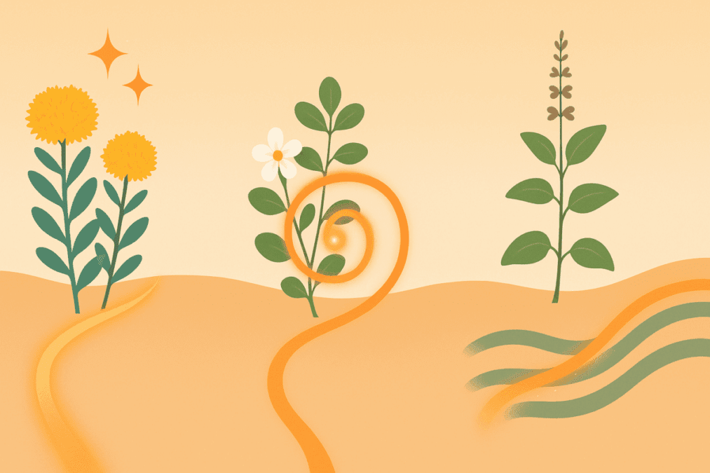 Visual path connecting Rhodiola, Bacopa, and Tulsi with glowing neural patterns, depicting personalized benefits of herbs for ADHD in women