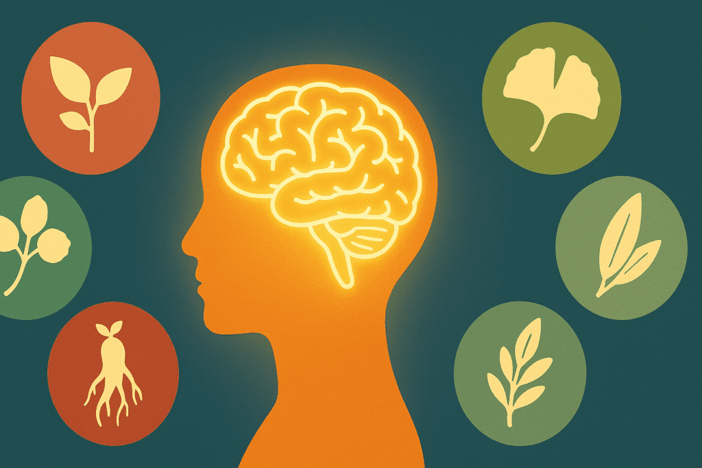 Diagram of cognitive herbs for ADHD in women showing Bacopa, Rhodiola, Ginkgo, and more around a glowing brain silhouette