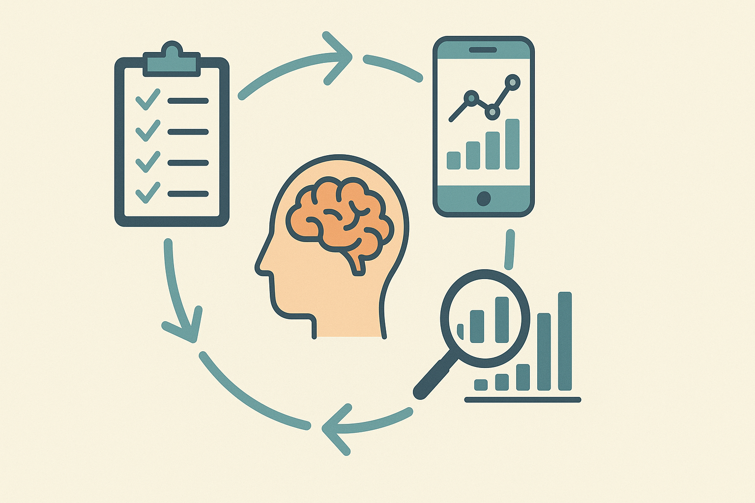 Cycle diagram of a mind boost day showing checklist, smartphone tracking, data analysis, and brain icon with spiral arrows for improvement