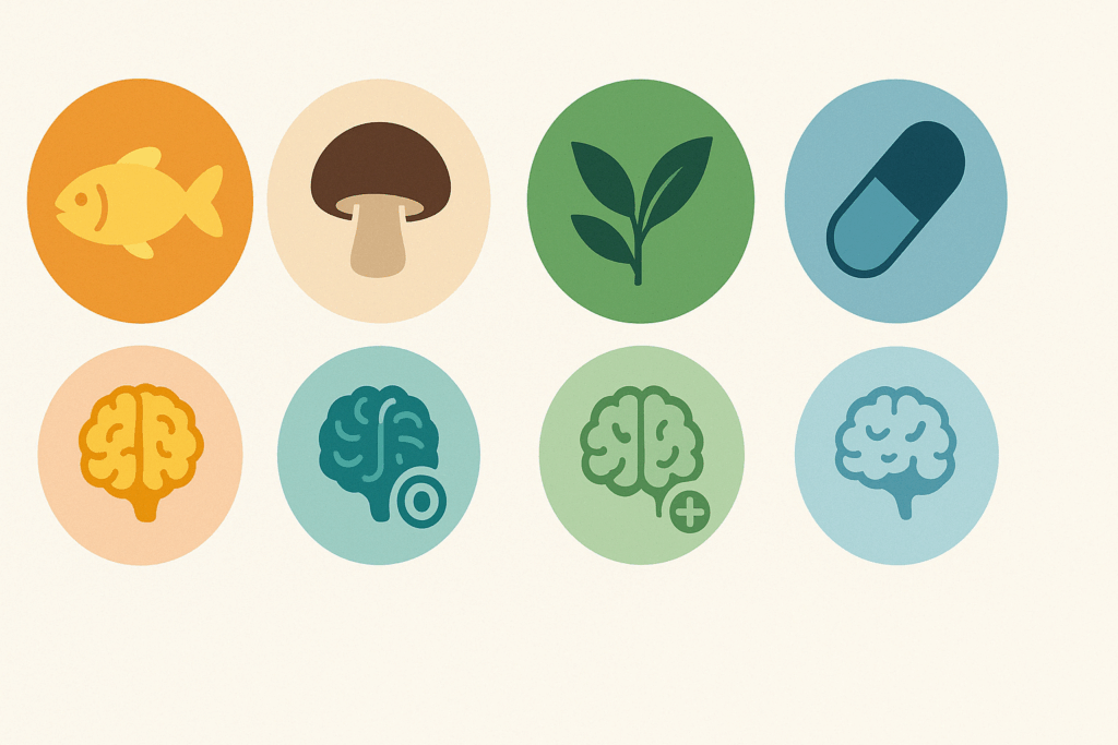 "Infographic comparing ageless brain supplements with icons of fish oil, mushrooms, green tea, and capsules representing memory, focus, and clarity benefits"