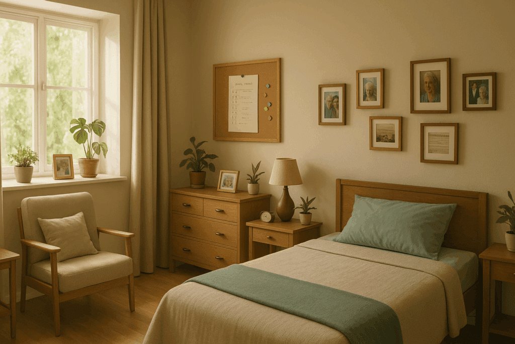 Sunlit senior bedroom with calming colors and personal routines designed to ease anxiety and memory loss in elderly adults.