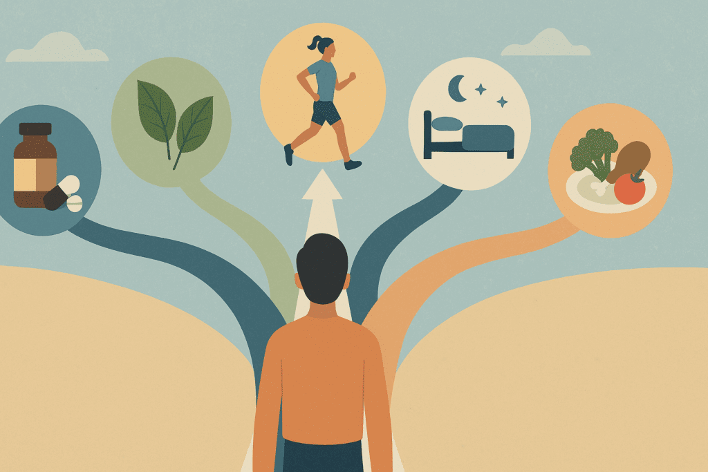 Conceptual path with branches for herbal supplements, medication, diet, and study tools symbolizing different ways to support brain function and explore: does ADHD medication help with memory. Let me know if you’d like alt text tailored for specific images or infographic-style visuals too!