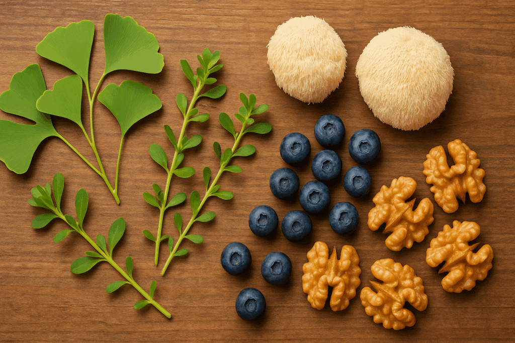 Natural herbs like Ginkgo biloba, Bacopa monnieri, and lion’s mane displayed on a table, used to support memory after what causes amnesia.