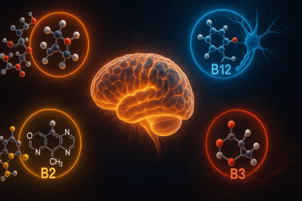 Glowing brain surrounded by individual B vitamin molecules, each supporting a unique role in vitamin B for brain function