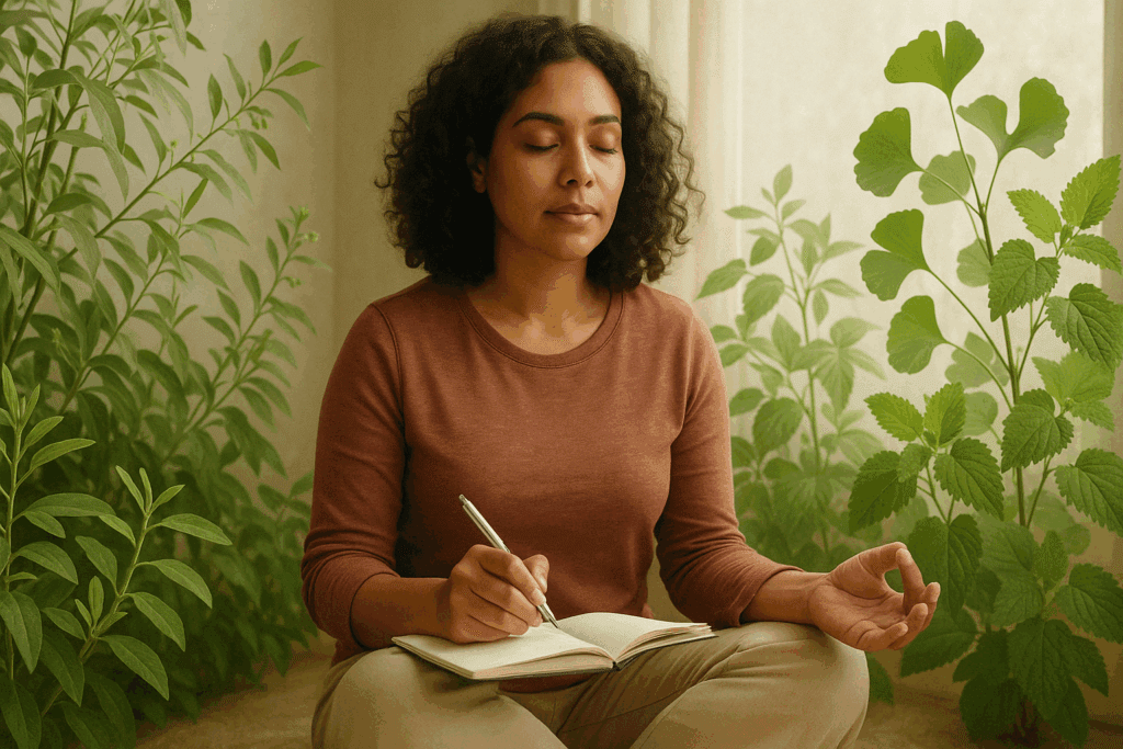Calm woman meditating near herbal plants like ashwagandha and ginkgo, representing the Best Herbs for ADHD and Focus